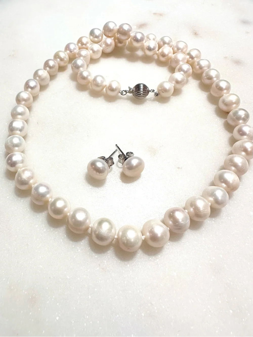 White Cultured Freshwater Pearl Rhodium over Sterling Silver Necklace & Earrings